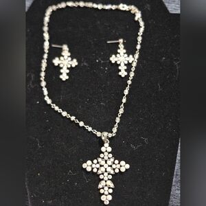 Silver Crystal Cross Necklace & Earring Set - Sparkling Silver